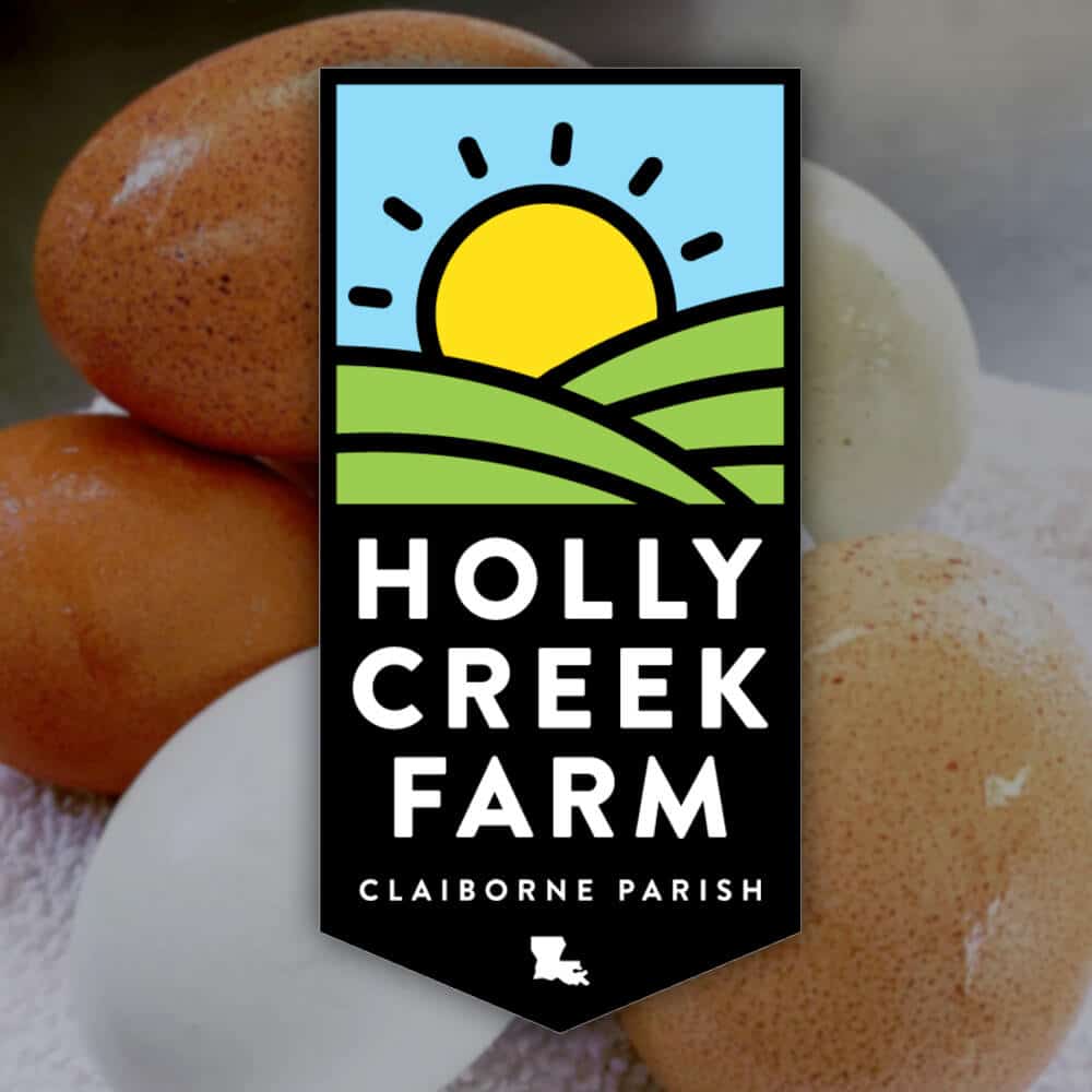Logo for Holly Creek Farms in Bernice, LA with some of their farm fresh eggs